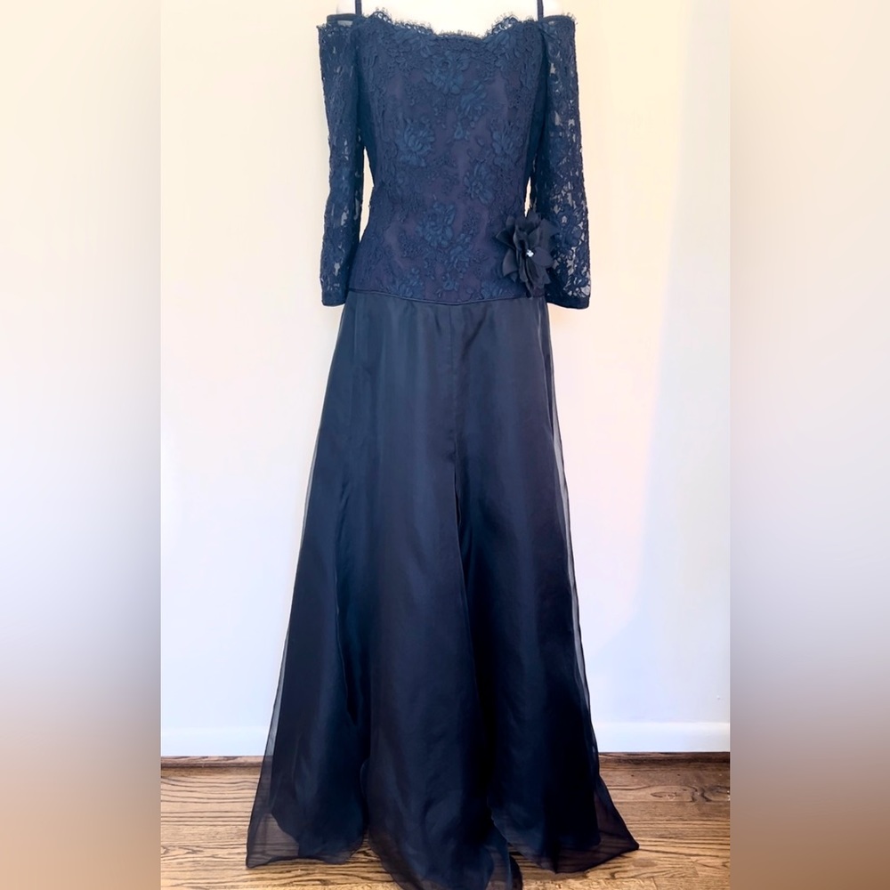 Stunning navy off the shoulder lace bodice gown by Marietta C. Like new! Sz 12
